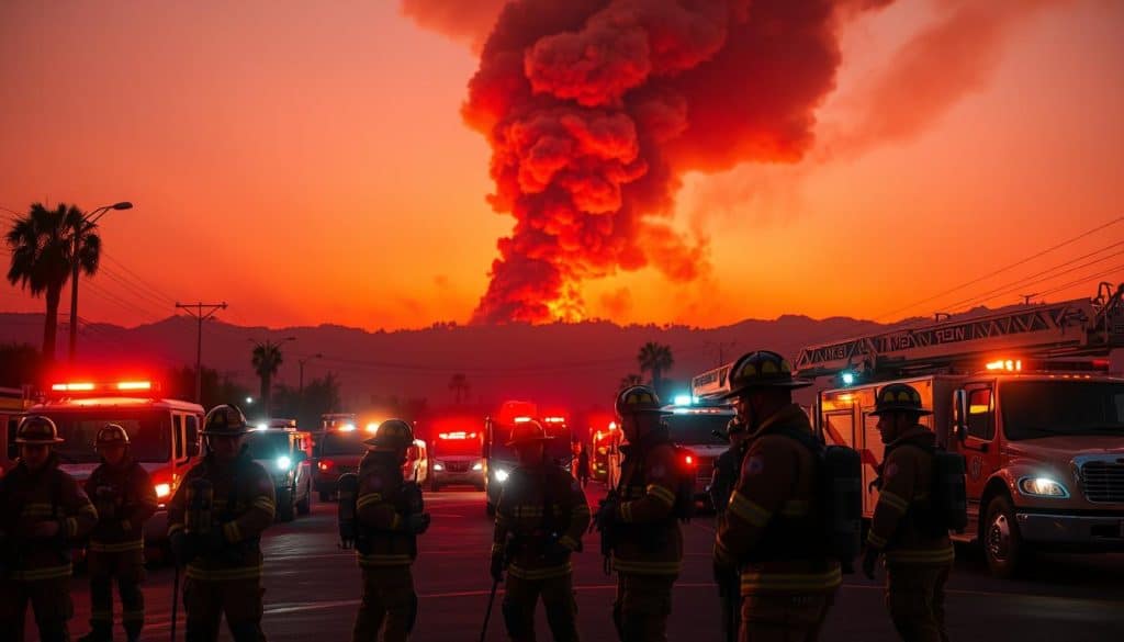 A vibrant, realistic scene of Los Angeles' wildfire response resources. In the foreground, a group of firefighters in full gear stand ready, their faces determined as they prepare their equipment. The middle ground features a line of emergency vehicles - fire trucks, ambulances, and utility trucks - their lights flashing in the dimming light. In the background, a towering plume of smoke rises against a fiery orange sky, the distant flames casting an ominous glow. The scene is lit by a combination of natural and artificial light, creating dramatic shadows and highlights. The overall mood is one of urgency and preparedness, capturing the essential elements needed to support those affected by the wildfires.