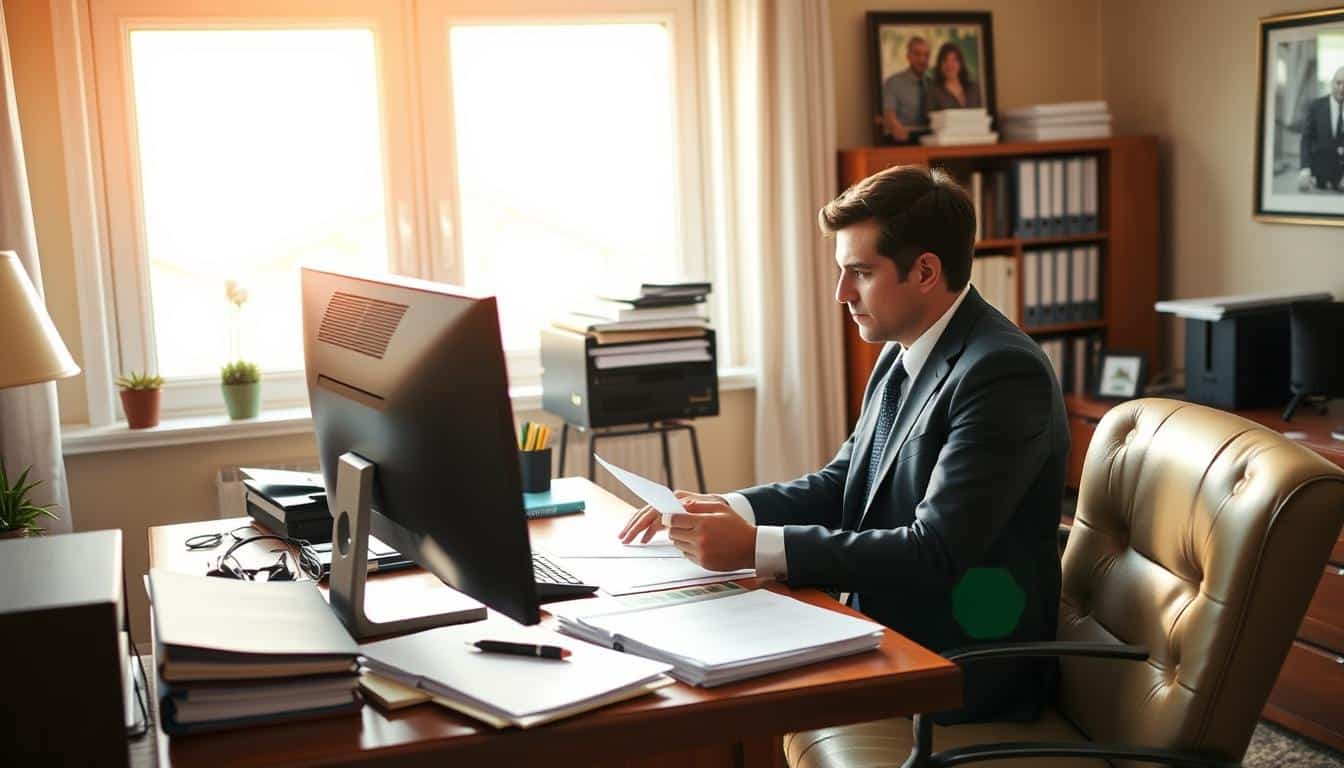 A well-lit, neatly organized home office with a desktop computer, files, and documents scattered across the desk. A person in business attire, likely an insurance agent or claims adjuster, sits focused at the computer, carefully reviewing paperwork and filling out forms. The room has warm, natural lighting from a large window, creating a professional and productive atmosphere. The overall scene conveys the process of meticulously preparing an insurance claim, with attention to detail and a sense of diligence.