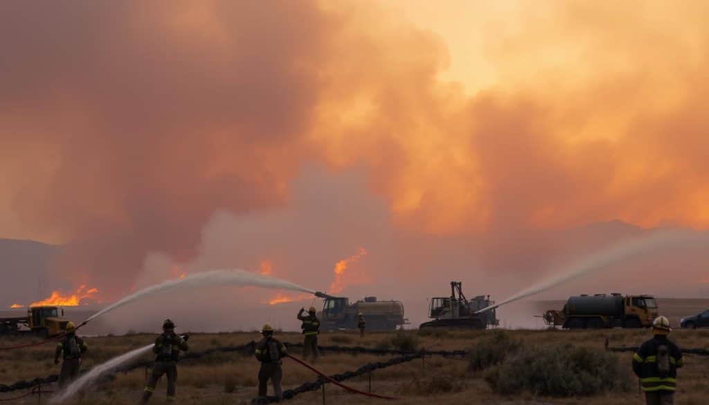 A wide shot of an active wildfire containment operation in a rural California landscape. In the foreground, firefighters in protective gear battling blazes with high-pressure hoses, creating walls of water and foam. In the middle ground, heavy machinery like bulldozers and water tankers maneuvering to establish fire breaks. In the background, billowing plumes of gray and orange smoke against a hazy, dusky sky. Lighting is dramatic, with the flames casting an intense, fiery glow over the scene. The overall mood is one of urgent, coordinated action to combat the advancing wildfire.